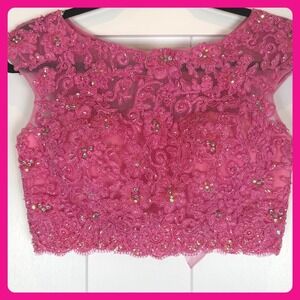 Sherri Hill Pink Lace Sequin Top‎ Open Back Bow Tie Crop Party Evening Cocktail